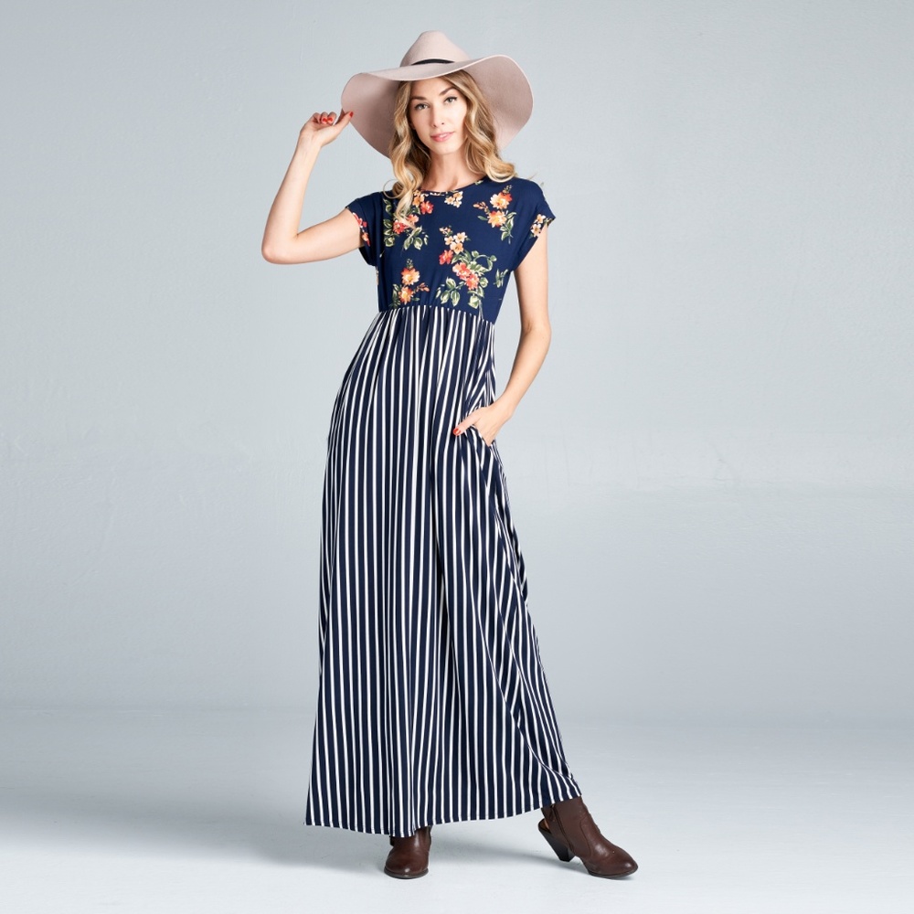 Navy Floral Striped Maxi Dress